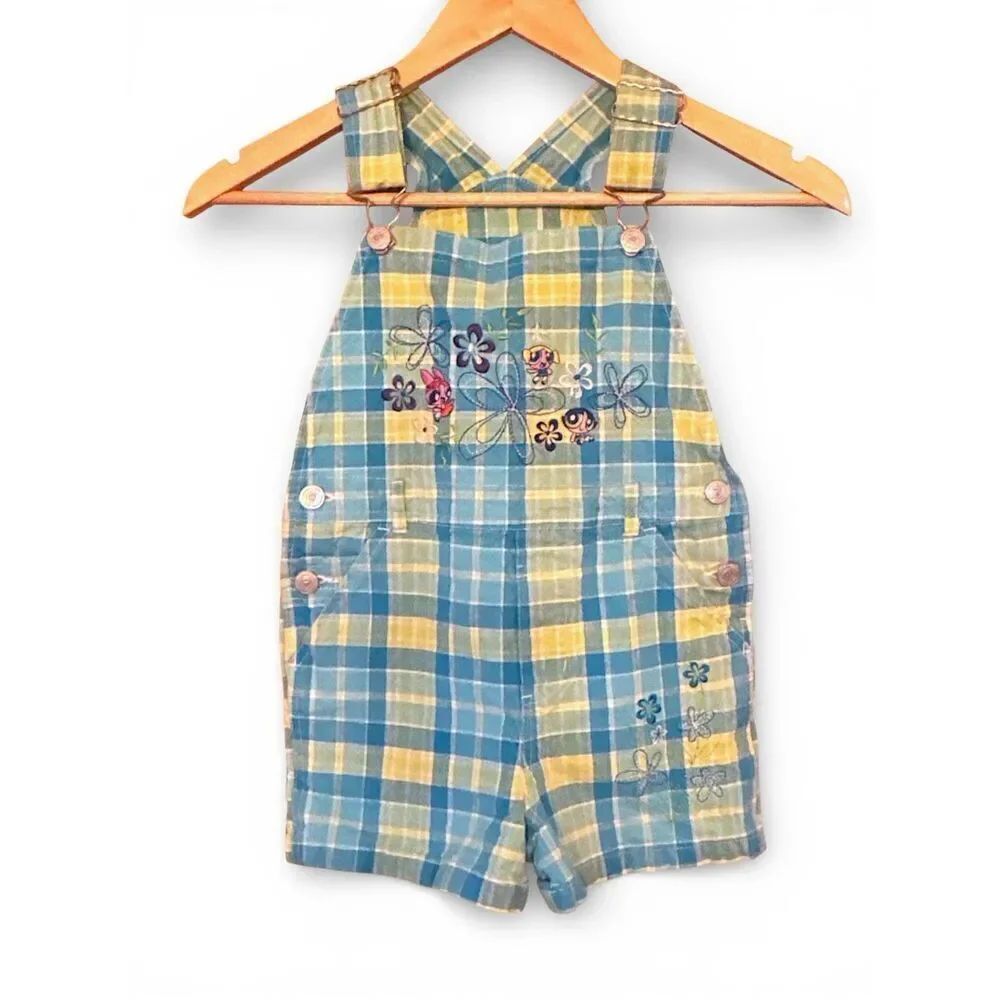 POWERPUFF GIRLS Vintage 2003 Rare Plaid Shortall Overalls Embroidered Cartoon Ne
